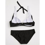 Damen Halter Schwarz Dunkelblau Lila Cheeky-Bikinihose Bikinis Bademode - Einfarbig XL XXL XXXL Schwarz / Bügel-BH - app80
