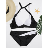 Damen Halter Schwarz Dunkelblau Lila Cheeky-Bikinihose Bikinis Bademode - Einfarbig XL XXL XXXL Schwarz / Bügel-BH - app80