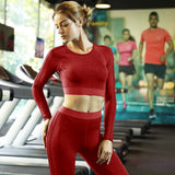 Women's Crew Neck Yoga Suit Sports Solid Color High Rise Tights Leggings Crop Top Zumba Dance Running Long Sleeve Activewear Breathable Moisture Wicking Compression Tummy Control Stretchy Skinny
