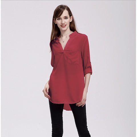 2019 New Arrival Blouses Women's Slim Blouse - Solid Colored Chiffon / Fashion V Neck Blusas Mujer Chemise Femme  Wine XXXL / Spring / Summer / Fall / Winter