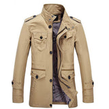 Men's Daily Chinoiserie Spring &  Fall Long Trench Coat, Solid Colored Stand Long Sleeve Polyester Green / Black / Khaki / Slim