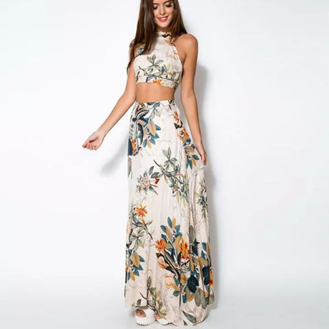 Women‘s Boho Holiday Beach Boho Maxi Swing Two Piece Sundress - Floral Backless Print Halter Neck Summer Cotton White M L XL