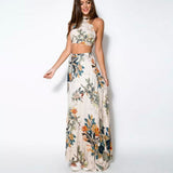 Women‘s Boho Holiday Beach Boho Maxi Swing Two Piece Sundress - Floral Backless Print Halter Neck Summer Cotton White M L XL