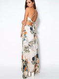 Women‘s Boho Holiday Beach Boho Maxi Swing Two Piece Sundress - Floral Backless Print Halter Neck Summer Cotton White M L XL