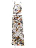 Women‘s Boho Holiday Beach Boho Maxi Swing Two Piece Sundress - Floral Backless Print Halter Neck Summer Cotton White M L XL