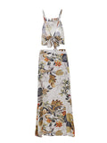 Women‘s Boho Holiday Beach Boho Maxi Swing Two Piece Sundress - Floral Backless Print Halter Neck Summer Cotton White M L XL