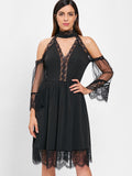 Cold Shoulder Lace Insert Midi Choker Dress