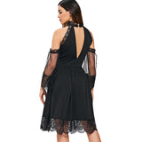 Cold Shoulder Lace Insert Midi Choker Dress