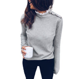 2019 Autumn Fashion Solid Blouse Women Knitted Top Lace High Neck Button Long Sleeve Pullover female Pullover Ladies Tops Tunics