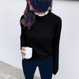 2019 Autumn Fashion Solid Blouse Women Knitted Top Lace High Neck Button Long Sleeve Pullover female Pullover Ladies Tops Tunics