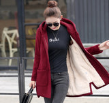 2019 Autumn Winter Women's Fleece Jacket Coats Female Long Hooded Coats Outerwear Warm Thick Female Red Slim Fit Hoodies Jackets