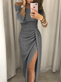 2019 Party Dress 2018 Shiny Off Shoulder Ruched Thigh Slit Dress Sexy Club Wrist Sleeve Women Dress