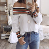 2019 Summer New Women Fashion Long Sleeve Off Shoulder Slash neck White Blouses Shirts Casual Slim Tops Shirts Blusas