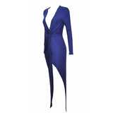 Sexy Long Sleeve Plunging Neck Solid Color Asymmetrical Hem Women's Dress