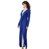 Sexy Long Sleeve Plunging Neck Solid Color Asymmetrical Hem Women's Dress