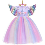 3pcs 3-10 y Teens girl dream unicorn Dress Children Kids birthday Party Dress Girl Formal prom Girls Princess Dress + headdress