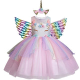 3pcs 3-10 y Teens girl dream unicorn Dress Children Kids birthday Party Dress Girl Formal prom Girls Princess Dress + headdress