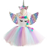 3pcs 3-10 y Teens girl dream unicorn Dress Children Kids birthday Party Dress Girl Formal prom Girls Princess Dress + headdress