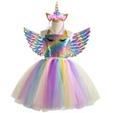 3pcs 3-10 y Teens girl dream unicorn Dress Children Kids birthday Party Dress Girl Formal prom Girls Princess Dress + headdress