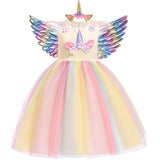 3pcs 3-10 y Teens girl dream unicorn Dress Children Kids birthday Party Dress Girl Formal prom Girls Princess Dress + headdress