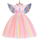 3pcs 3-10 y Teens girl dream unicorn Dress Children Kids birthday Party Dress Girl Formal prom Girls Princess Dress + headdress