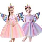 3pcs 3-10 y Teens girl dream unicorn Dress Children Kids birthday Party Dress Girl Formal prom Girls Princess Dress + headdress