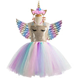 3pcs 3-10 y Teens girl dream unicorn Dress Children Kids birthday Party Dress Girl Formal prom Girls Princess Dress + headdress