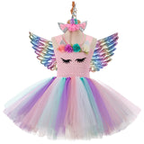 3pcs 3-10 y Teens girl dream unicorn Dress Children Kids birthday Party Dress Girl Formal prom Girls Princess Dress + headdress