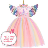 3pcs 3-10 y Teens girl dream unicorn Dress Children Kids birthday Party Dress Girl Formal prom Girls Princess Dress + headdress