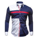 Men's Daily Plus Size Slim Shirt - Color Block Blue & White, Patchwork Spread Collar White / Long Sleeve / Spring / Fall