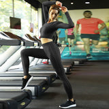 Women's Crew Neck Yoga Suit Sports Solid Color High Rise Tights Leggings Crop Top Zumba Dance Running Long Sleeve Activewear Breathable Moisture Wicking Compression Tummy Control Stretchy Skinny