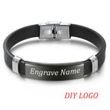 AZIZ BEKKAOUI Silicone Engrave Name Leather Bracelet for Men DIY Black Stainless Steel Bracelets Fashion Jewelry Dropshipping