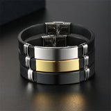 AZIZ BEKKAOUI Silicone Engrave Name Leather Bracelet for Men DIY Black Stainless Steel Bracelets Fashion Jewelry Dropshipping