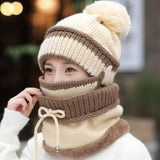 BINGYUANHAOXUAN  Women Scarf Winter Sets Cap Mask Collar Face Protection Girls  Accessory Women Ball Scarf Balaclava Knitted Hat