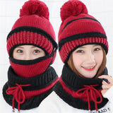 BINGYUANHAOXUAN  Women Scarf Winter Sets Cap Mask Collar Face Protection Girls  Accessory Women Ball Scarf Balaclava Knitted Hat