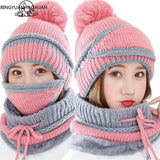 BINGYUANHAOXUAN  Women Scarf Winter Sets Cap Mask Collar Face Protection Girls  Accessory Women Ball Scarf Balaclava Knitted Hat