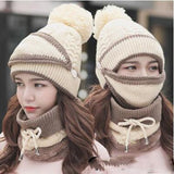BINGYUANHAOXUAN  Women Scarf Winter Sets Cap Mask Collar Face Protection Girls  Accessory Women Ball Scarf Balaclava Knitted Hat