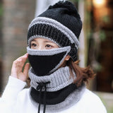 BINGYUANHAOXUAN  Women Scarf Winter Sets Cap Mask Collar Face Protection Girls  Accessory Women Ball Scarf Balaclava Knitted Hat