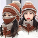 BINGYUANHAOXUAN  Women Scarf Winter Sets Cap Mask Collar Face Protection Girls  Accessory Women Ball Scarf Balaclava Knitted Hat