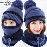 BINGYUANHAOXUAN  Women Scarf Winter Sets Cap Mask Collar Face Protection Girls  Accessory Women Ball Scarf Balaclava Knitted Hat