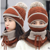 BINGYUANHAOXUAN  Women Scarf Winter Sets Cap Mask Collar Face Protection Girls  Accessory Women Ball Scarf Balaclava Knitted Hat