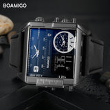 BOAMIGO brand men sports watches 3 time zone big man fashion military LED watch leather quartz wristwatches relogio masculino
