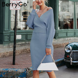 BerryGo Sexy v-neck knitted dress women Two-piece batwing sleeve female sweater dress Elegant pure ladies bodycon midi vestidos