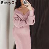 BerryGo Sexy v-neck knitted dress women Two-piece batwing sleeve female sweater dress Elegant pure ladies bodycon midi vestidos