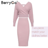 BerryGo Sexy v-neck knitted dress women Two-piece batwing sleeve female sweater dress Elegant pure ladies bodycon midi vestidos