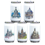 Building Themed Watercolor Painting Bottle Coke Shaped Vacuum Insulated Thermal Flask Cool Print Water Bottle Stainless Steel