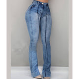 CALOFE 2019 Women's Jeans Casual Slim Stretchy Denim  Waist Jeans Oversized Long Flare Pants Light Blue Trousers for Women