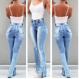 CALOFE 2019 Women's Jeans Casual Slim Stretchy Denim  Waist Jeans Oversized Long Flare Pants Light Blue Trousers for Women