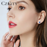 CZCITY New Natural Birthstone Royal Blue Oval Topaz Stud Earrings With Solid 925 Sterling Silver Fine Jewelry For Women Brincos