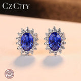 CZCITY New Natural Birthstone Royal Blue Oval Topaz Stud Earrings With Solid 925 Sterling Silver Fine Jewelry For Women Brincos